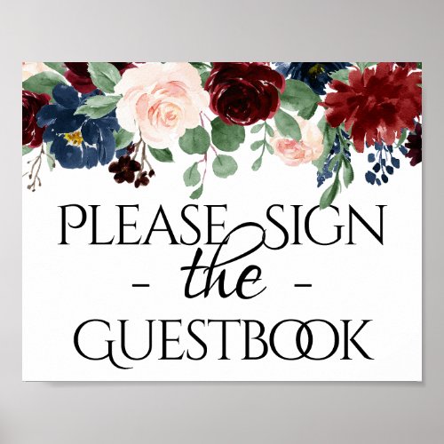 Boho Bloom  Burgundy and Navy Blue Guestbook Sign