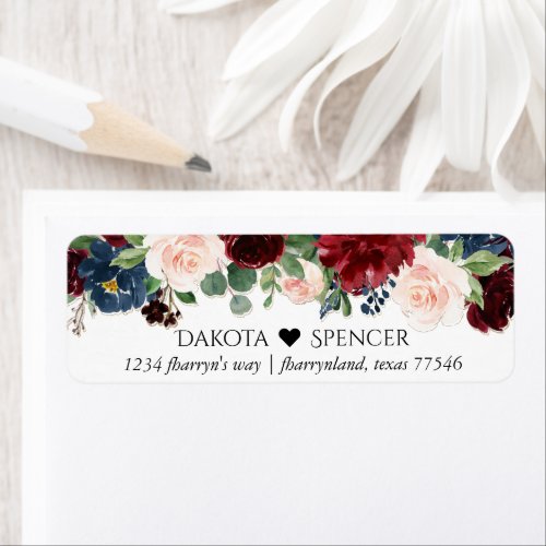 Boho Bloom  Burgundy and Navy Blue Heart Address Label