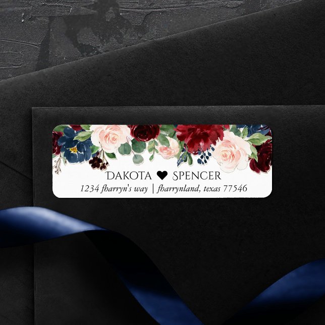 Boho Bloom | Burgundy and Navy Blue Heart Address Label (Creator Uploaded)