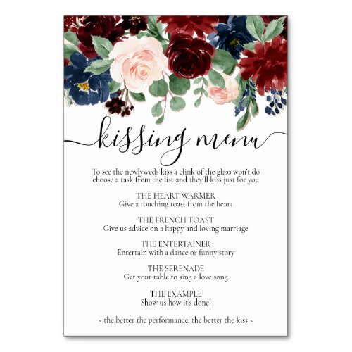 Boho Bloom  Burgundy and Navy Blue Kissing Menu Table Number