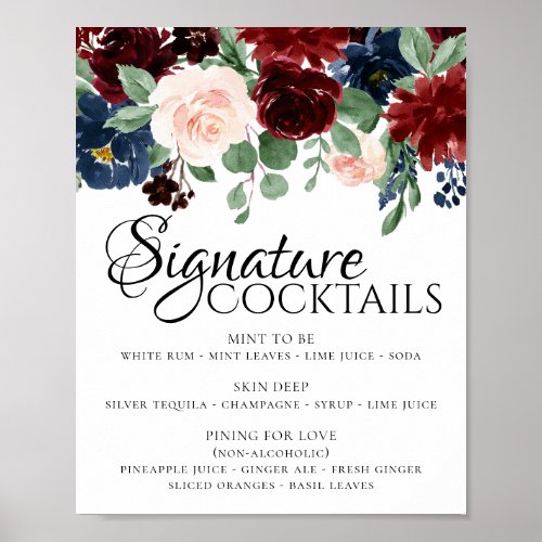Boho Bloom  Burgundy and Navy Blue Newlywed Drink Poster