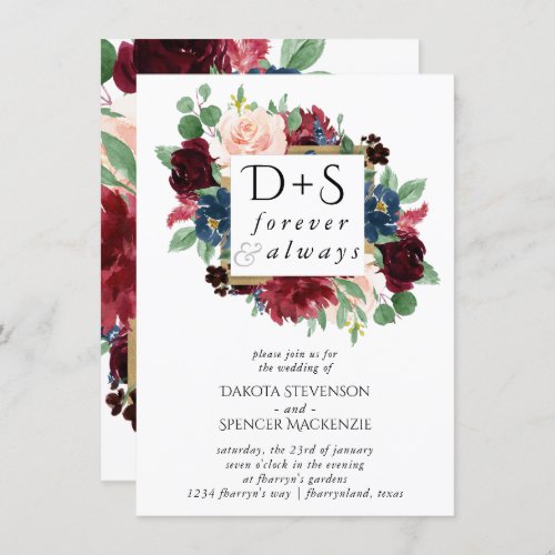 Boho Bloom  Burgundy and Navy Blue Photo Monogram Invitation