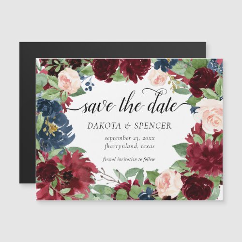 Boho Bloom  Burgundy and Navy Blue Save the Date Magnetic Invitation