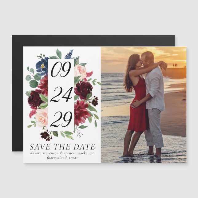 Boho Bloom | Burgundy and Navy Photo Save the Date Magnetic Invitation (Front/Back)
