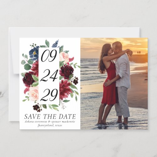 Boho Bloom  Burgundy and Navy Photo Save the Date Magnetic Invitation