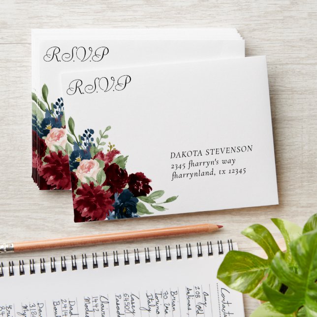 Boho Bloom | Burgundy and Navy RSVP Return Address Envelope (Stacked)