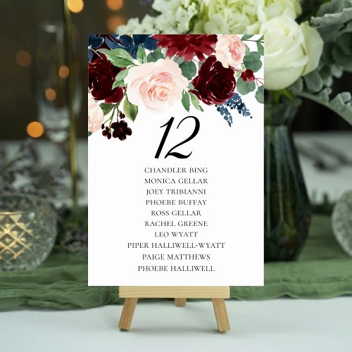 Boho Bloom  Burgundy Blush and Navy Guest Names Table Number