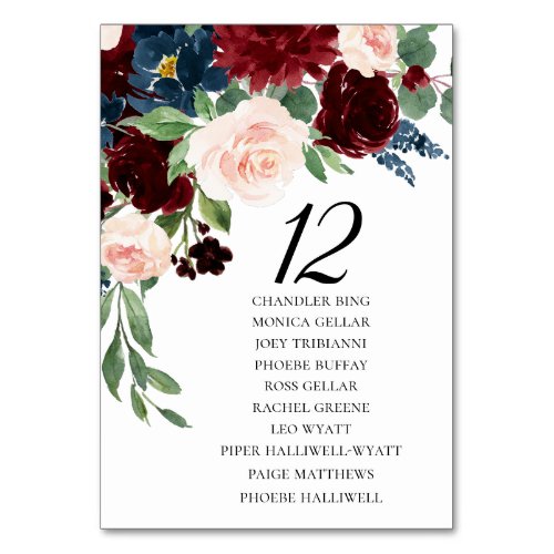 Boho Bloom  Burgundy Blush and Navy Guest Names Table Number