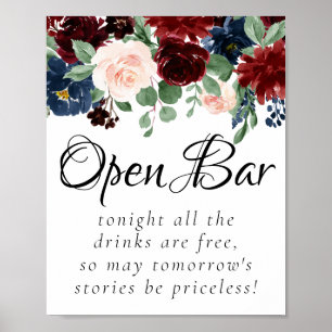 Boho Bloom Burgundy Blush and Navy Open Bar Poster