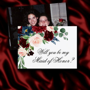 Boho Bloom Burgundy Navy Bridal Party Ask Photo Invitation