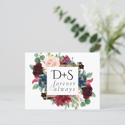 Boho Bloom  Burgundy Navy Monogram Save the Date Announcement Postcard