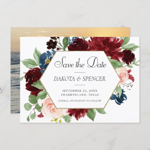 Boho Bloom  Burgundy Red and Blue Date Change Save The Date