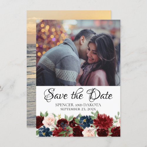 Boho Bloom  Burgundy Red and Navy Blue 2 Photo Save The Date