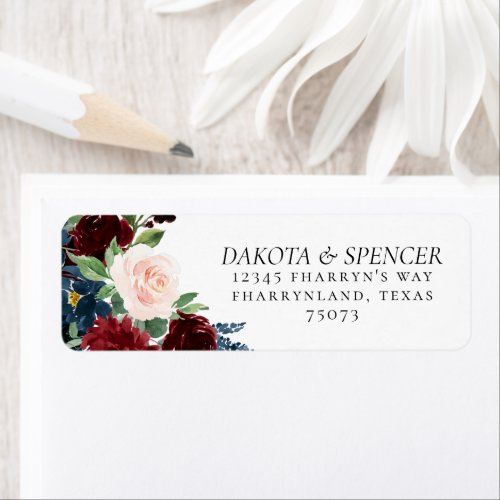 Boho Bloom  Burgundy Red and Navy Blue Address Label