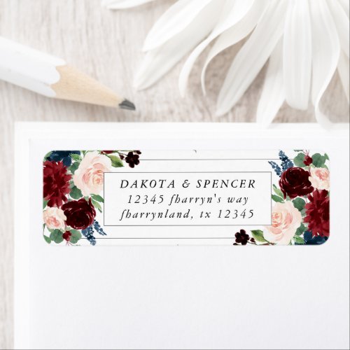 Boho Bloom  Burgundy Red and Navy Blue Address Label