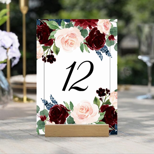 Boho Bloom | Burgundy Red and Navy Blue Bouquets Table Number (Creator Uploaded)