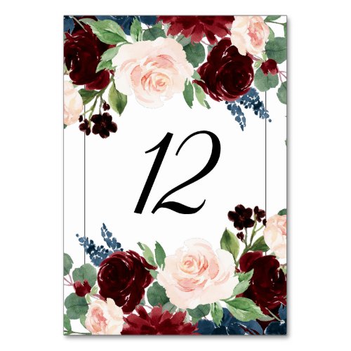 Boho Bloom  Burgundy Red and Navy Blue Bouquets Table Number