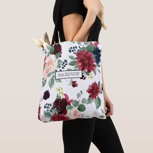 Boho Bloom  Burgundy Red and Navy Blue Bridesmaid Tote Bag