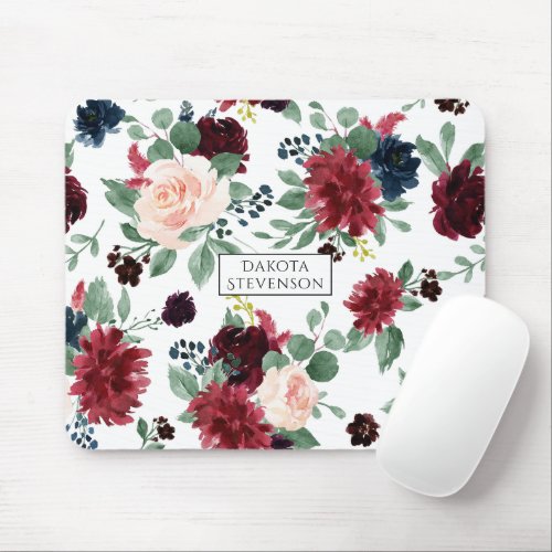 Boho Bloom  Burgundy Red and Navy Blue Custom Mouse Pad