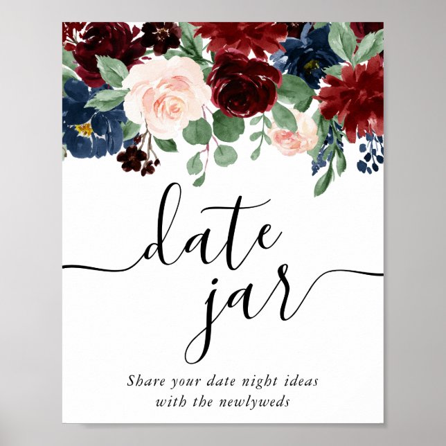 Boho Bloom | Burgundy Red and Navy Blue Date Jar Poster (Front)
