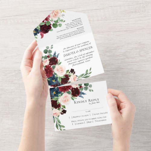 Boho Bloom  Burgundy Red and Navy Blue Entree All In One Invitation