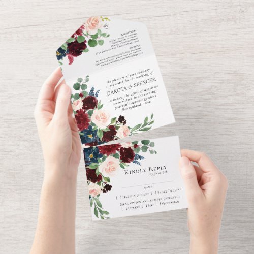 Boho Bloom  Burgundy Red and Navy Blue Entree All In One Invitation