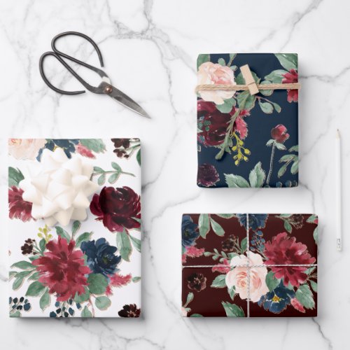Boho Bloom  Burgundy Red and Navy Blue Floral Wrapping Paper Sheets