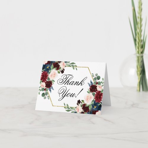 Boho Bloom  Burgundy Red and Navy Blue Frame Thank You Card