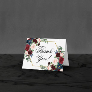 Boho Bloom Burgundy Red and Navy Blue Frame Thank You Card