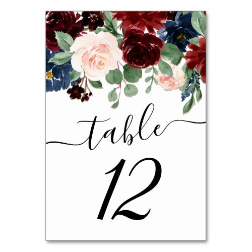 Boho Bloom  Burgundy Red and Navy Blue Garland Table Number