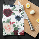Boho Bloom | Burgundy Red and Navy Blue Pattern Kitchen Towel<br><div class="desc">Sophisticated hand-painted boho chic watercolor floral with gorgeous burgundy marsala red and blush pink radiant blooms with navy blue accent flowers embellished by botanical laurel and dark red diamante sparkle. From the "Boho Bloom" collection, this layout features rich Bohemian wildflowers with eucalyptus greenery foliage. For other colors or matching products,...</div>