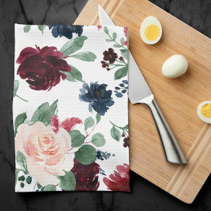 Boho Bloom Burgundy Red and Navy Blue Pattern Kitchen Towel