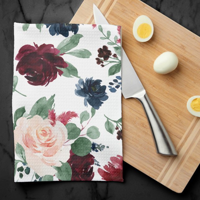 Boho Bloom | Burgundy Red and Navy Blue Pattern Kitchen Towel (Creator Uploaded)