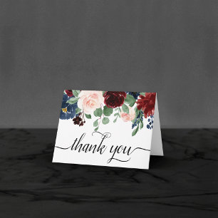 Boho Bloom Burgundy Red and Navy Blue Photo Letterpress Thank You Card