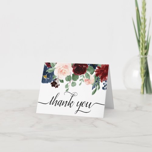 Boho Bloom  Burgundy Red and Navy Blue Photo Thank You Card