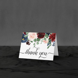 Boho Bloom | Burgundy Red and Navy Blue Photo Thank You Card
