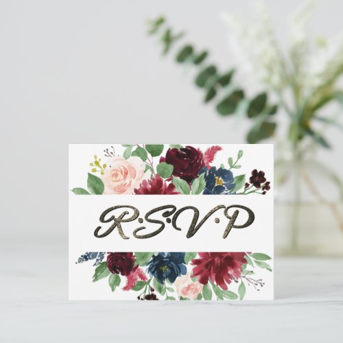 Boho Bloom  Burgundy Red and Navy Blue Rose RSVP Postcard