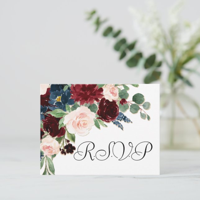 Boho Bloom | Burgundy Red and Navy Blue RSVP Postcard (Standing Front)