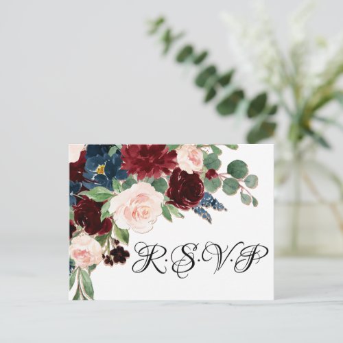 Boho Bloom  Burgundy Red and Navy Blue RSVP Postcard