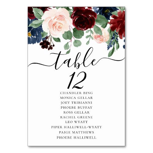 Boho Bloom  Burgundy Red and Navy Blue Seating Table Number