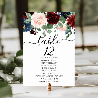 Boho Bloom | Burgundy Red and Navy Blue Seating Table Number