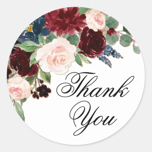 Boho Bloom  Burgundy Red and Navy Blue Thank You Classic Round Sticker