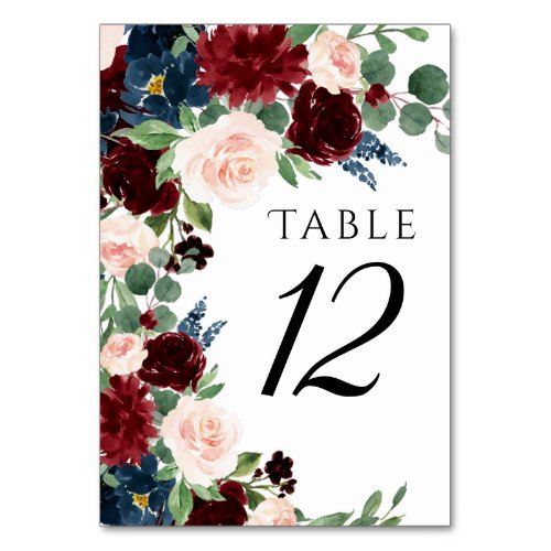 Boho Bloom  Burgundy Red and Navy Blue Wreath Table Number