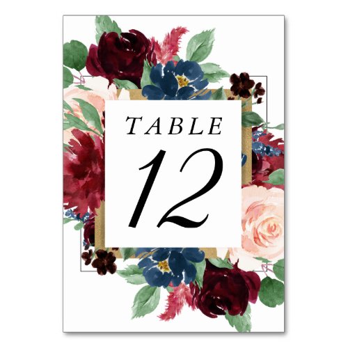 Boho Bloom  Burgundy Red and Navy Blue Wreath Table Number