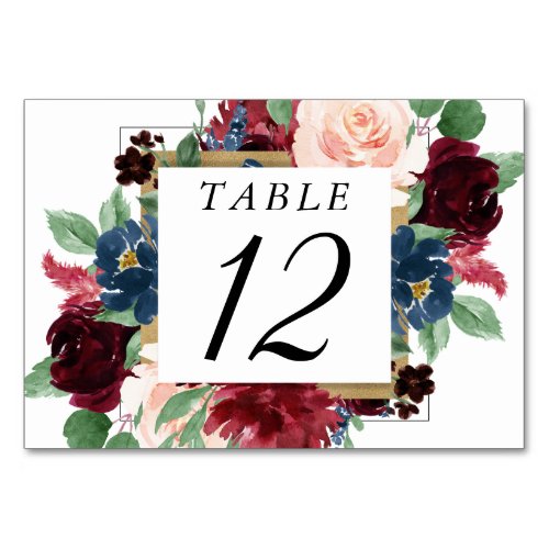 Boho Bloom  Burgundy Red and Navy Blue Wreath Table Number