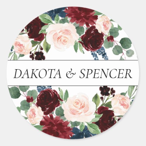 Boho Bloom  Burgundy Red and Navy Bouquet Custom Classic Round Sticker