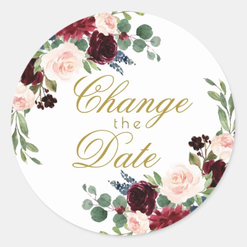 Boho Bloom  Burgundy Red and Navy Change of Date Classic Round Sticker