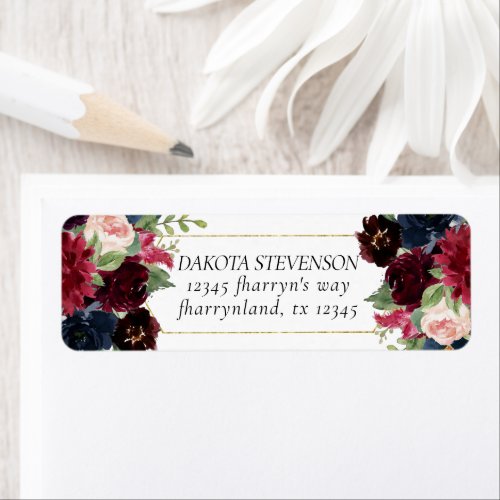 Boho Bloom  Burgundy Red and Navy Frame Address Label