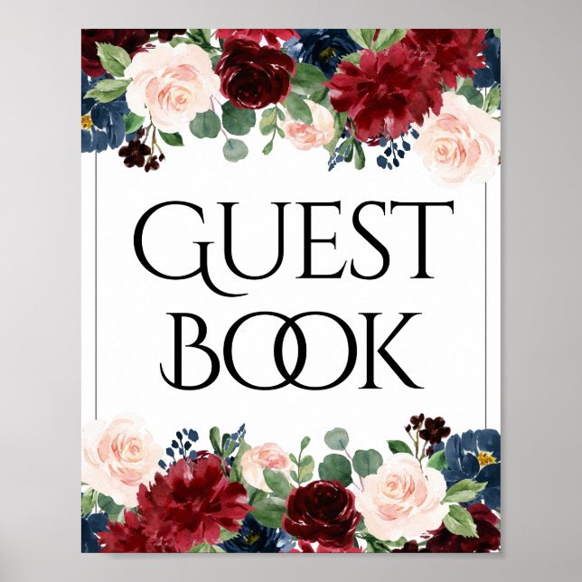 Boho Bloom | Burgundy Red and Navy Guest Sign-In Poster (Front)