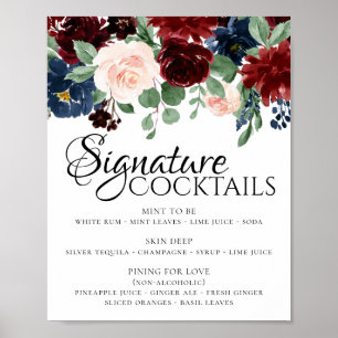 Boho Bloom Burgundy Red and Navy Newlywed Drink Poster